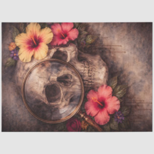 Papel De Seda Calavera antigua con lupa e hibisco