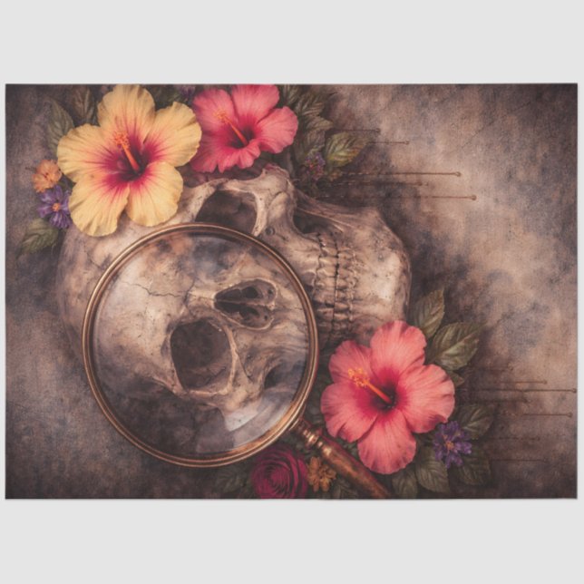 Papel De Seda Calavera antigua con lupa e hibisco (Anverso)
