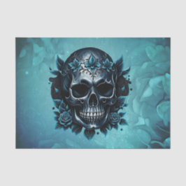Papel De Seda Calavera azul oscuro con rosas.