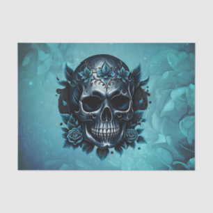 Papel De Seda Calavera azul oscuro con rosas.