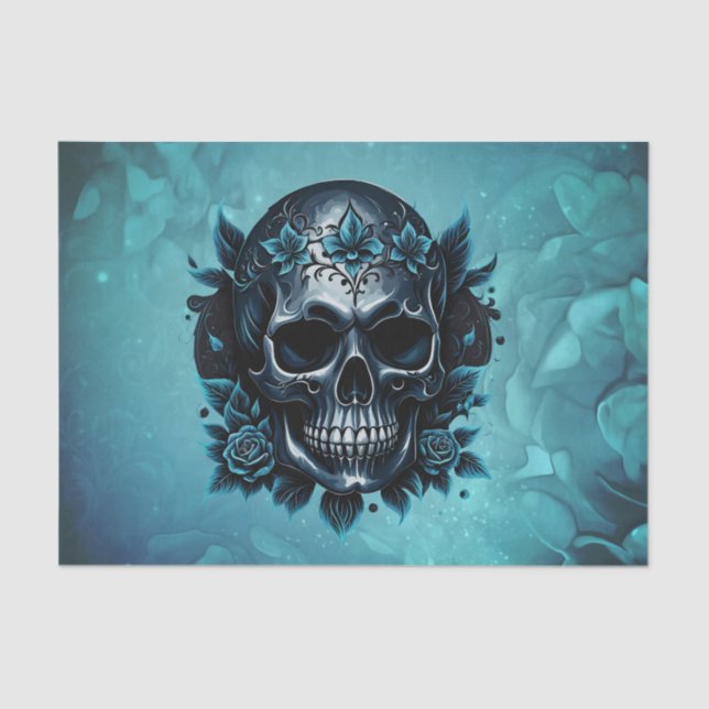 Papel De Seda Calavera azul oscuro con rosas. (Anverso)