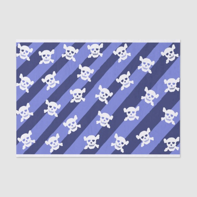 Papel De Seda Calavera blanca y huesos cruzados en franjas azule (Anverso)