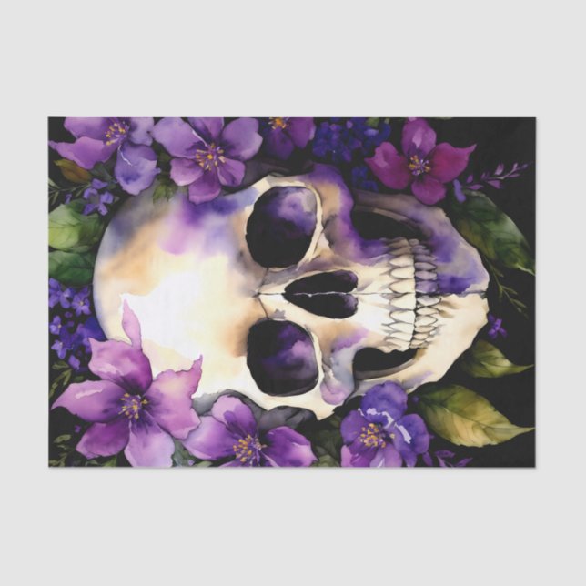 Papel De Seda Calavera con Gótico de flores moradas (Anverso)