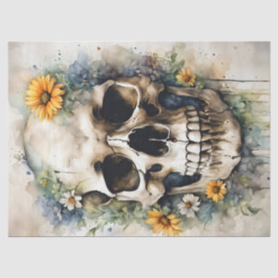 Papel De Seda Calavera de Acuarela con Decoupage de Flores Silve