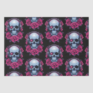 Papel De Seda Calavera de cibermuerte en neón y Rosas negros