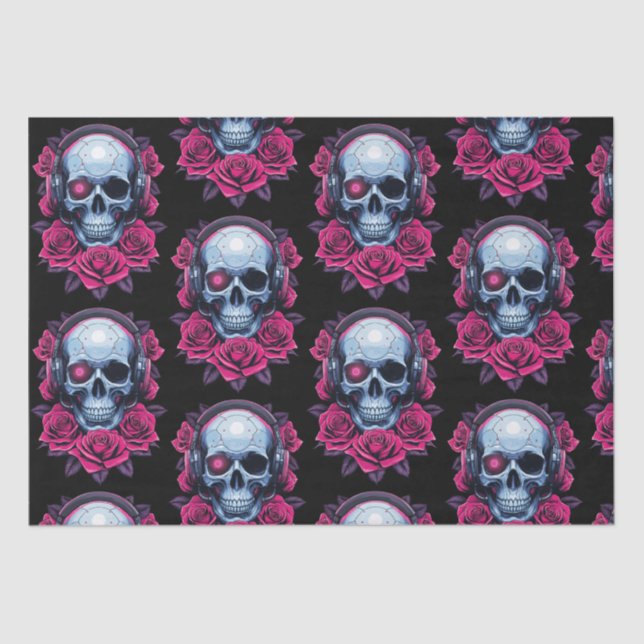 Papel De Seda Calavera de cibermuerte en neón y Rosas negros (Anverso)