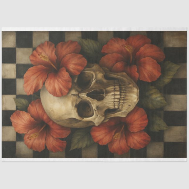 Papel De Seda Calavera de Gótico Glam con flores de Hibiscus (Anverso)