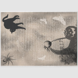 Papel De Seda Calavera de Halloween en lápida y gato negro