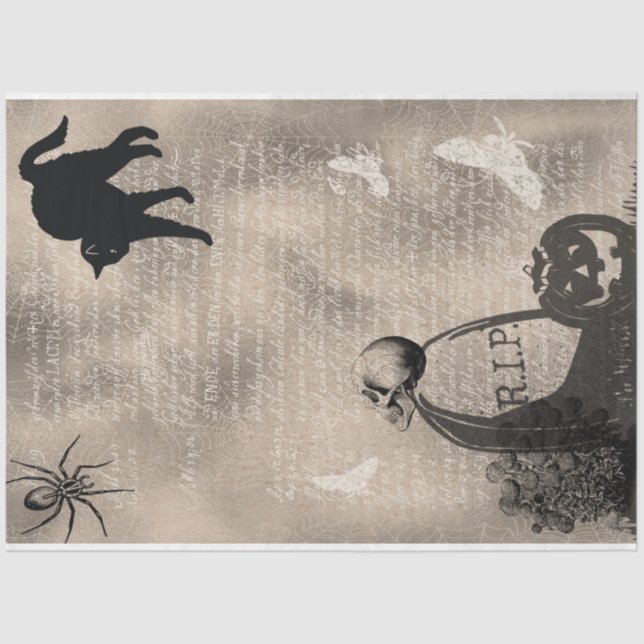 Papel De Seda Calavera de Halloween en lápida y gato negro (Anverso)