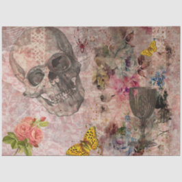 Papel De Seda Calavera de Halloween, vidrio de vino y mariposa a