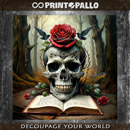 Papel De Seda Calavera en libro maldito con rosas y cuervos -
