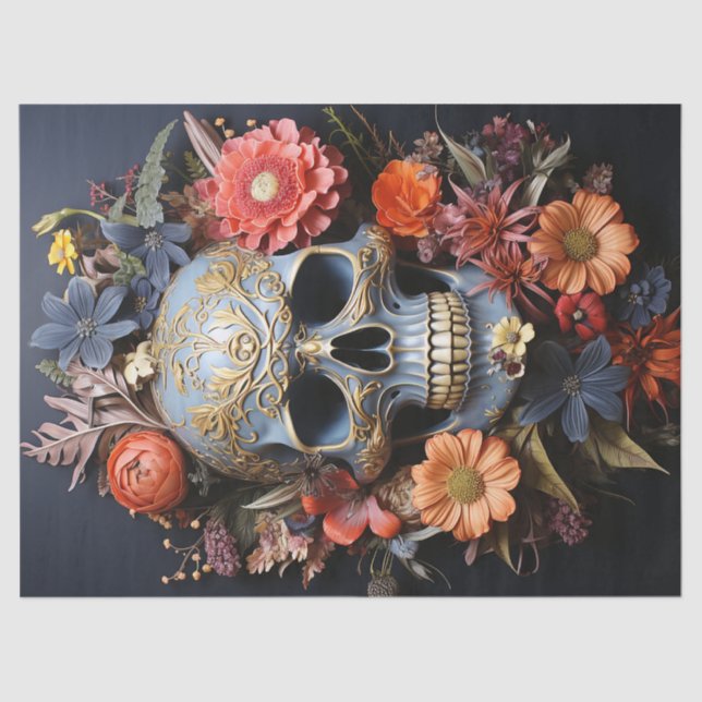 Papel De Seda Calavera extruida floral en azul (Anverso)