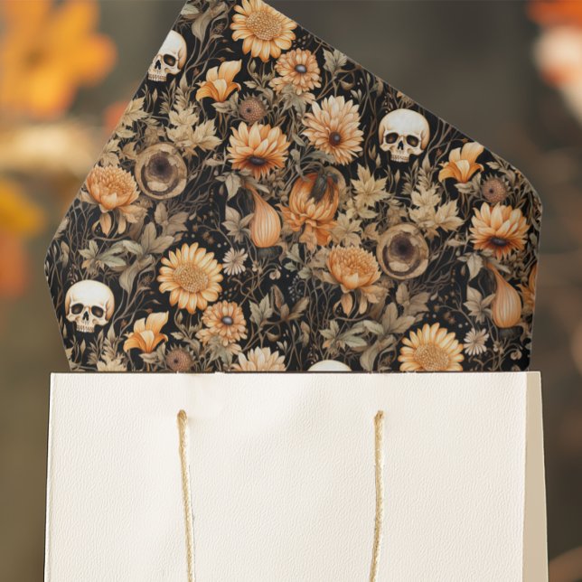 Papel De Seda Calavera floral de otoño espeluznante (Add spooky elegance to your gift wrap and Halloween crafts with this skull and flowers tissue paper.)