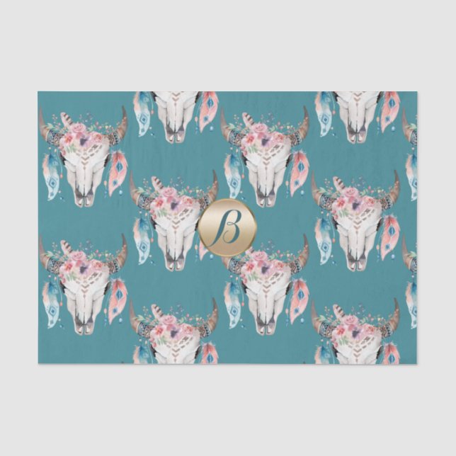 Papel De Seda Calavera Floral Rústica Boho Monograma Personaliza (Anverso)