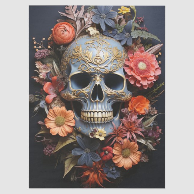 Papel De Seda Calavera Floral Texturizada en Decoupage Azul (Anverso)