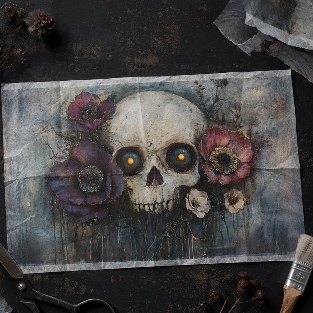 Papel De Seda Calavera gótica con flores Decoupage floral oscuro (Subido por el creador)