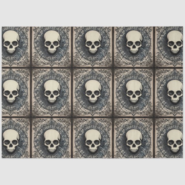 Papel De Seda Calavera gótica negra, ornamento de telaraña (Anverso)