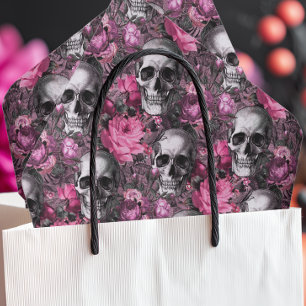Papel De Seda Calavera gótica y rosas rosadas de Halloween