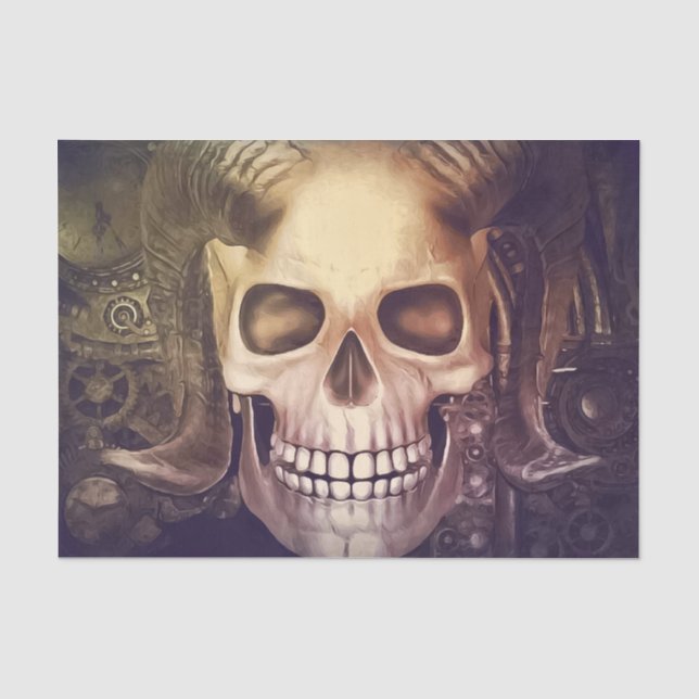 Papel De Seda Calavera Steampunk con cuernos y engranajes (Anverso)