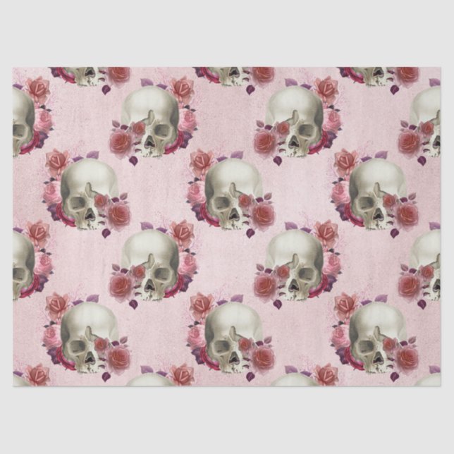 Papel De Seda Calaveras blancas y descomposición floral rosa (Anverso)