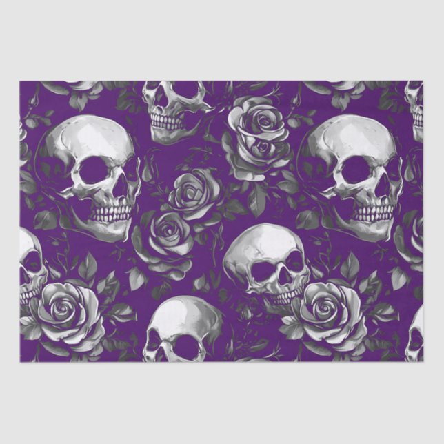 Papel De Seda Calaveras góticas y Rosas morado (Anverso)
