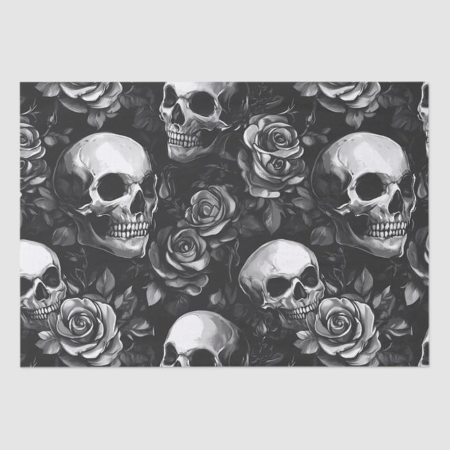 Papel De Seda Calaveras y Rosas Halloween Negro (Anverso)