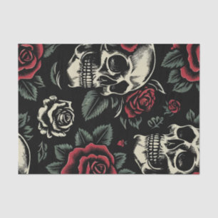 Papel De Seda Calaveras y Rosas Rojas Floral Gótico