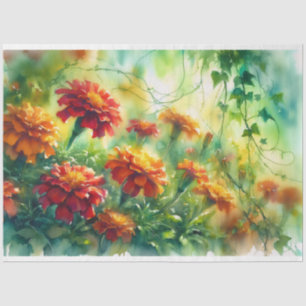 Papel De Seda Calcomanías de Marigolds y Hiedra en Acuarela