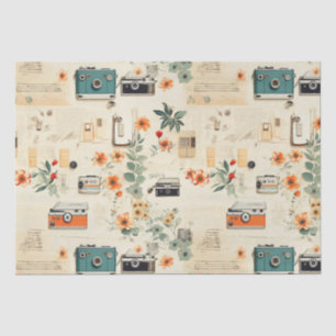 Papel De Seda Cámara Vintage Radio Floral Azul Turquesa Naranja
