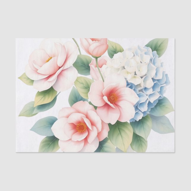 Papel De Seda Camellias de acuarela suave e hidrangeas (Anverso)