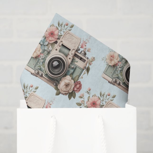 Papel De Seda Camera with Flowers Retro Pastel Image Pattern (Bolsa de regalo)