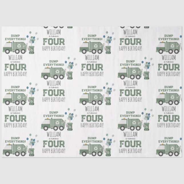 Papel De Seda Camión de reciclaje verde lindo niños nombre cumpl (Anverso)
