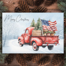 Camión Rojo Navideño Vintage Bandera USA Patriótic