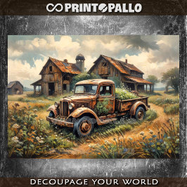 Papel De Seda Camioneta abandonada y oxidada en paisaje rural