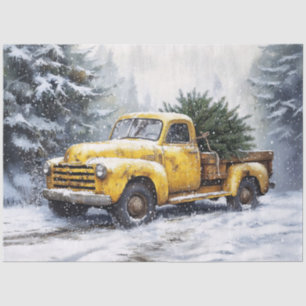 Papel De Seda Camioneta Amarilla Antigua con Árbol de Navidad