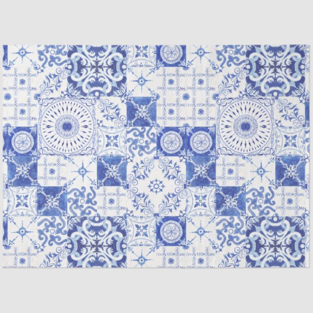 Papel De Seda Campesina francesa de campo azul de mosaico blanco (Anverso)