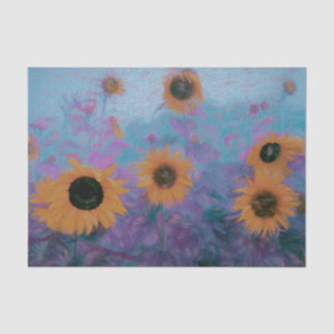 Papel De Seda Campo de Girasoles Amarillo Azul Púrpura Acuarela