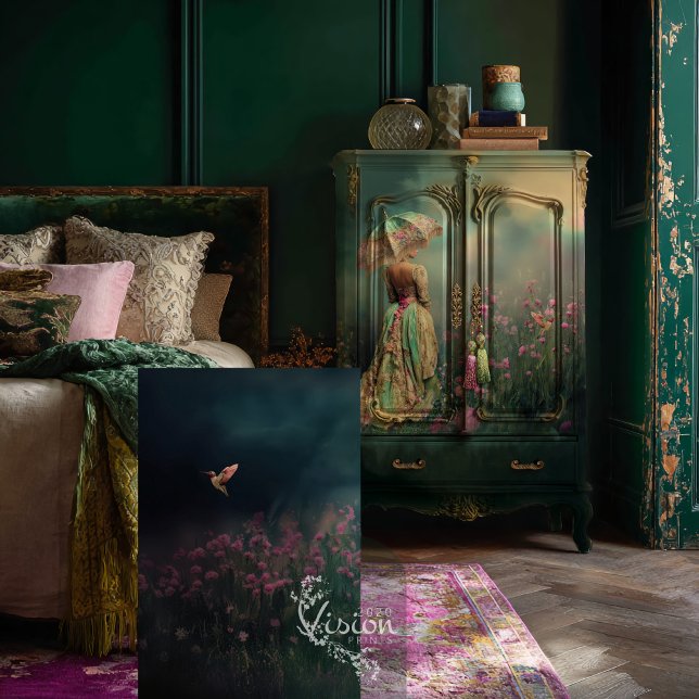 Papel De Seda Campo de los sueños, verde oscuro de la esmeralda, (Field of Dreams Hummingbird & Floral, Emerald Green & Fuchsia Plum Landscape Decoupage Tissue Paper.)