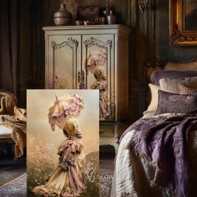 Papel De Seda Campo de Sueños, Mujer y Parasol Violeta Polvorien (Field of Dreams, Woman & a Parasol, Ethereal Floral, Violet Beige, Decoupage Tissue. )