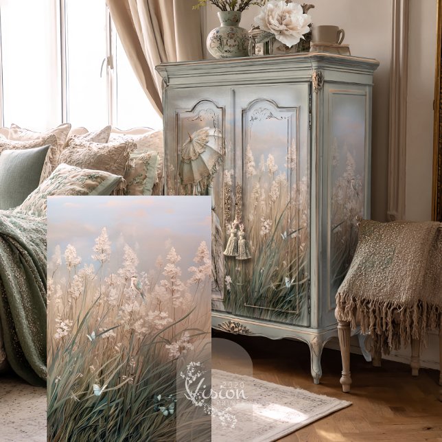 Papel De Seda Campo de Sueños Pájaro y Mariposas, Hierba de las  (Field of Dreams, Floral Pampas Grass, Blue Bird & Butterflies, light dusty blue Decoupage Paper.)