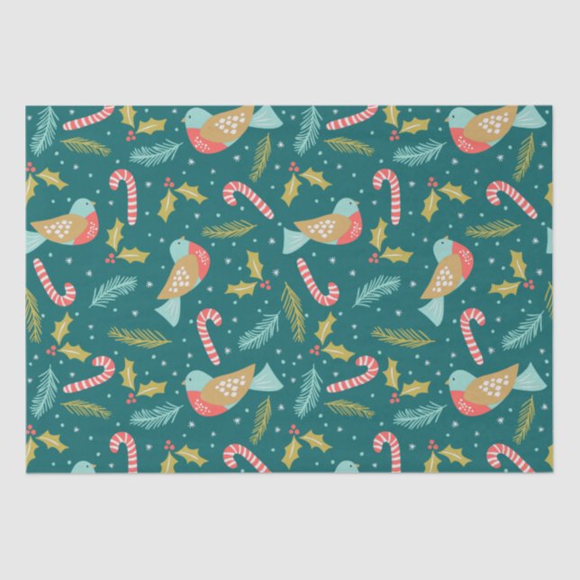 Papel De Seda Candy Canes Holly Pine Boughs Aves (Anverso)