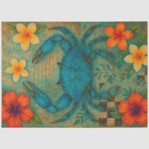 Papel De Seda Cangrejo azul con descomposición de flores tropica
