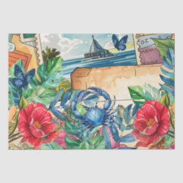Papel De Seda Cangrejo Azul Tropicales Florales y Mariposas