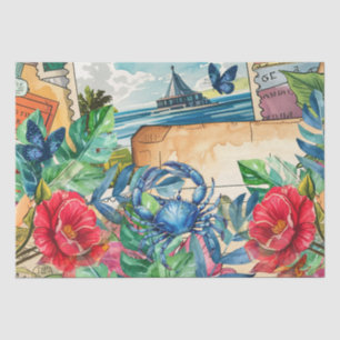 Papel De Seda Cangrejo Azul Tropicales Florales y Mariposas