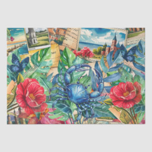 Papel De Seda Cangrejo Azul Tropicales Florales y Mariposas