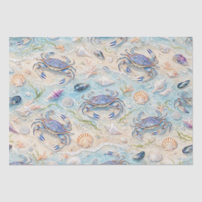 Papel De Seda Cangrejos Azules y Conchas Costeras (Anverso)