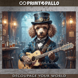 Papel De Seda Caniche con vestido elegante tocando la guitarra -
