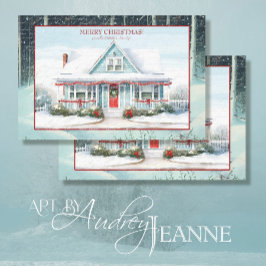 Papel De Seda Cape Cod House Feliz Navidad Nieve y Árboles nevad