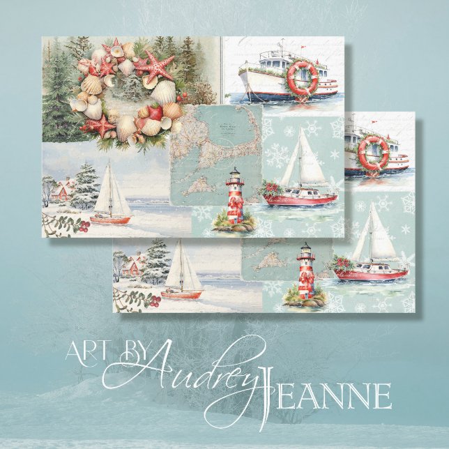 Papel De Seda Cape Cod Rustic Christmas Treys Boats Light House (Subido por el creador)