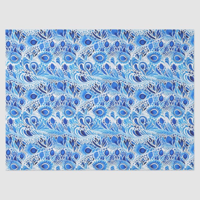 Papel De Seda Caperas de pavo real blancas azules (Anverso)
